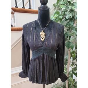 Cliche Womens Black Gold Striped Long Sleeve V Neck Embroided Top Blouse Small